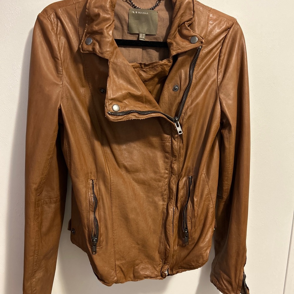 MUUBAA Moto Asymmetrical Lamb Leather Jacket in Burnt Sienna